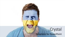  Presentation with happy sad face man - Presentation theme consisting of human eye colourful world - screaming man with ukraine flag background and a  colored foreground