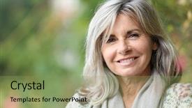  Presentation with serene - Amazing PPT theme having human face - portrait of serene mature woman backdrop and a seafoam green colored foreground