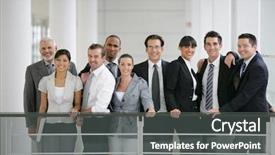  Presentation with human face - Cool new PPT theme with human face - portrait of smiling business people backdrop and a dark gray colored foreground