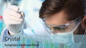  Presentation with laboratory blood test tubes - Presentation theme having human factors - man in laboratory checking test background and a  colored foreground