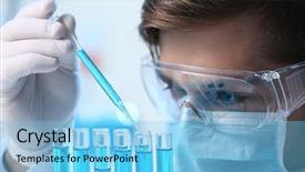  Presentation with laboratory blood test tubes - Presentation enhanced with human factors - man in laboratory checking test background and a light blue colored foreground