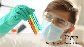  Presentation with test tubes - Colorful PPT theme enhanced with human factors - man in laboratory checking test backdrop and a  colored foreground