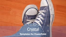  Presentation with human foot - Presentation theme featuring human foot with jeans and sneakers on wooden floor background and a ocean colored foreground