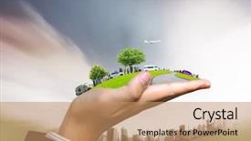  Presentation with city - PPT layouts with human hand holding a city background and a coral colored foreground