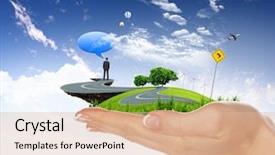  Presentation with green city - Presentation featuring human hand holding a city background and a lemonade colored foreground