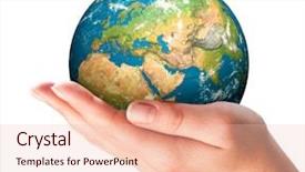  Presentation with globe - Cool new slide deck with human hand holding a globe backdrop and a lemonade colored foreground