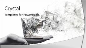  Presentation with trophy award hand holding - Slide deck with human hand holding burning laptop background and a white colored foreground