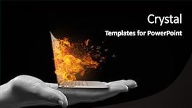  Presentation with hand holding puzzle piece - Audience pleasing PPT theme consisting of human hand holding burning laptop backdrop and a  colored foreground