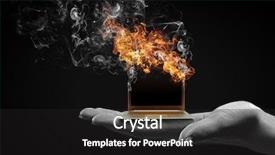  Presentation with trophy award hand holding - Colorful slide set enhanced with human hand holding burning laptop backdrop and a  colored foreground