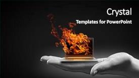  Presentation with hand holding pencil - Presentation design featuring human hand holding burning laptop background and a  colored foreground