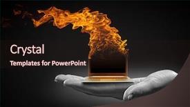  Presentation with hand palm - Audience pleasing PPT layouts consisting of human hand holding burning laptop backdrop and a  colored foreground