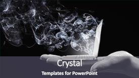  Presentation with hand holding pencil - Beautiful slide deck featuring human hand holding burning laptop backdrop and a  colored foreground