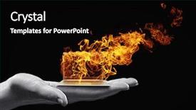  Presentation with trophy award hand holding - Presentation theme having human hand holding burning laptop background and a black colored foreground