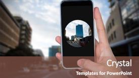  Presentation with human computer interaction mobile app - Cool new PPT theme with human hand holding mobile phone backdrop and a coral colored foreground