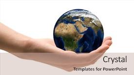  Presentation with hand holding earth - Amazing PPT layouts having human hand holding the world backdrop and a coral colored foreground