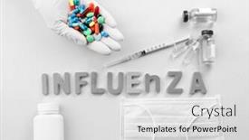  Presentation with influenza - Amazing slides having human hand of pills medicines with word influenza on light background backdrop and a light gray colored foreground