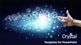  Presentation with mechanical gear mechanism team work - Audience pleasing PPT theme consisting of human hand pointing at gears backdrop and a  colored foreground