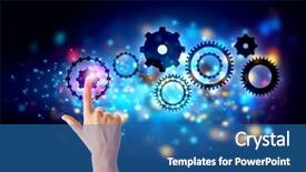  Presentation with human lifecycle - Presentation design with human hand pointing at gears background and a  colored foreground