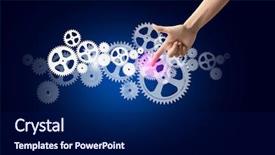  Presentation with human - PPT theme featuring human hand pointing at gears background and a  colored foreground