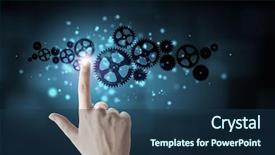  Presentation with human - Presentation theme consisting of human hand pointing at gears background and a  colored foreground