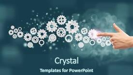  Presentation with human - Cool new slide deck with human hand pointing at gears backdrop and a  colored foreground