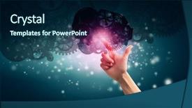  Presentation with human - Beautiful presentation design featuring human hand pointing at gears backdrop and a  colored foreground