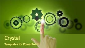  Presentation with mechanical gear mechanism team work - Presentation theme having human hand pointing at gears background and a  colored foreground