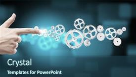  Presentation with human - Slide set with human hand pointing at gears background and a ocean colored foreground