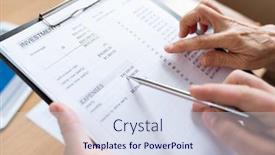  Presentation with human person - Slide set consisting of human hand with pen pointing at sum of expenses while discussing financial paper with another person background and a sky blue colored foreground