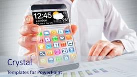  Presentation with human - Presentation consisting of clear glass frame - smartphone phablet with a transparent background and a  colored foreground
