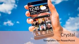  Presentation with humanity - Presentation theme featuring futuristic smart phone phablet with a transparent display in human hands concept actual future innovative ideas and best technologies humanity background and a coral colored foreground