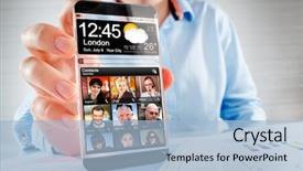  Presentation with humanity - Amazing PPT theme having futuristic smart phone phablet with a transparent display in human hands concept actual future innovative ideas and best technologies humanity backdrop and a light blue colored foreground