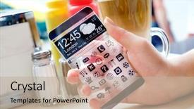  Presentation with humanity - Amazing slide deck having futuristic smart phone with a transparent display in human hands concept actual future innovative ideas and best technologies humanity backdrop and a mint green colored foreground