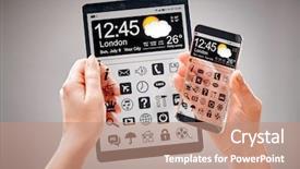  Presentation with humanity - Cool new presentation design with smart phone phablet and tablet with a transparent display in human hands concept actual future innovative ideas and best technologies humanity backdrop and a coral colored foreground