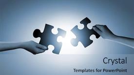  Presentation with connecting - PPT theme featuring human hands connecting puzzle background and a light blue colored foreground