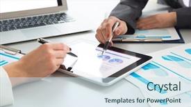  Presentation with paperwork - Colorful theme enhanced with human hands during paperwork backdrop and a sky blue colored foreground