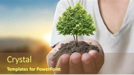  Presentation with earth day - Colorful PPT theme enhanced with human-hands-holding-sprout-young backdrop and a tawny brown colored foreground