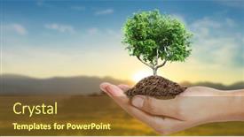  Presentation with earth day - Colorful presentation theme enhanced with human-hands-holding-sprout-young backdrop and a tawny brown colored foreground