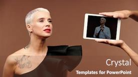  Presentation with hands holding black tablet - Presentation theme having human-hands-holding-tablet background and a tawny brown colored foreground