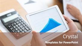  Presentation with blue financial - Audience pleasing slide deck consisting of human hands holding touchpad with blue graph of financial rate on display over calculator on desk backdrop and a violet colored foreground