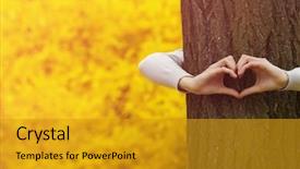  Presentation with human heart - PPT theme having human hands hugging tree background and a gold colored foreground