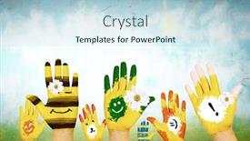  Presentation with colorful hands - PPT layouts featuring human hands in colorful paint showing symbols background and a sky blue colored foreground