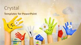  Presentation with colorful hands - Colorful slides enhanced with peace education - human hands in colorful paint backdrop and a lemonade colored foreground