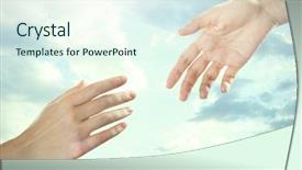  Presentation with human - Audience pleasing PPT layouts consisting of human hands on sky background backdrop and a sky blue colored foreground