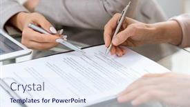  Presentation with points - PPT layouts having human hands with pens over financial document in moment of putting signature after discussing its points background and a sky blue colored foreground