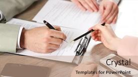  Presentation with legal document - Slides featuring human hands working with documents background and a coral colored foreground