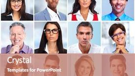  Presentation with business women - Presentation theme featuring human head - smiling business women and men background and a coral colored foreground