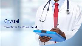  Presentation with medical clipboard - PPT theme featuring human health - hands of medical doctor man background and a sky blue colored foreground