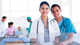  Presentation with medical social work - Colorful presentation theme enhanced with human health - smiling medical team at work backdrop and a light blue colored foreground