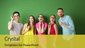  Presentation with decor - Cool new slide deck with human heart wall - happy friends with party decor backdrop and a  colored foreground